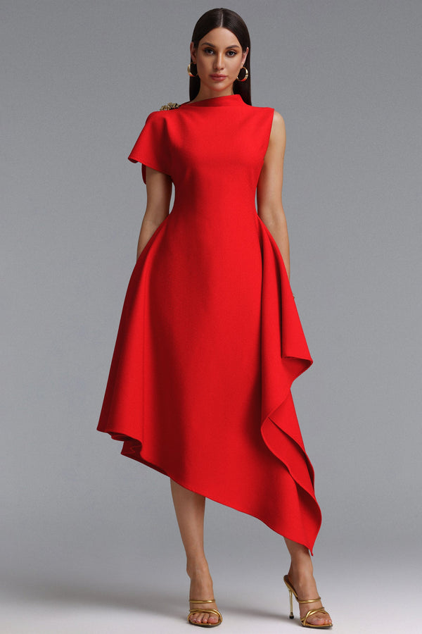 Weren Elegant Contour High Neck Asymmetric Red Maxi Dress-0