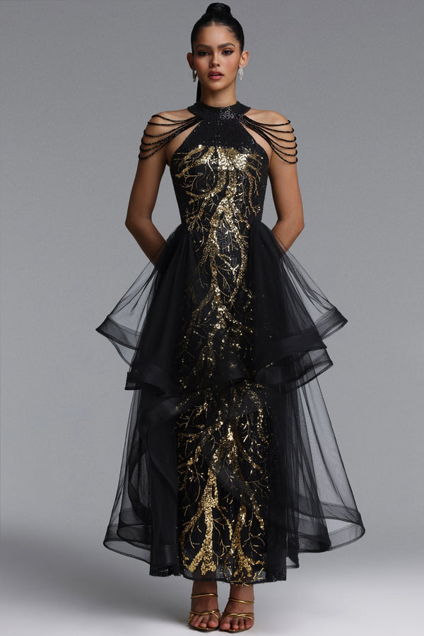 Hailey Glamorous Halter Tassel Sequin Embroidered Tulle Maxi Dress-0