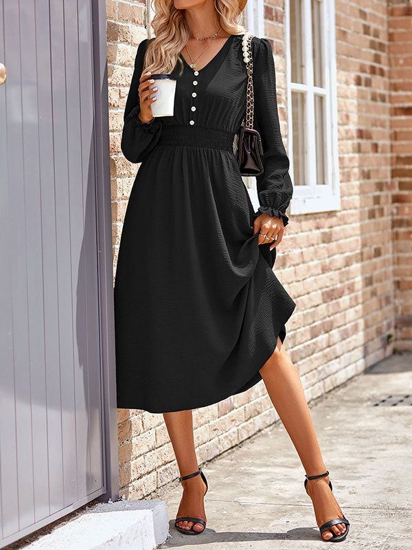 A-Line Long Sleeves Buttoned Elasticity V-Neck Midi Dresses by migunica-3