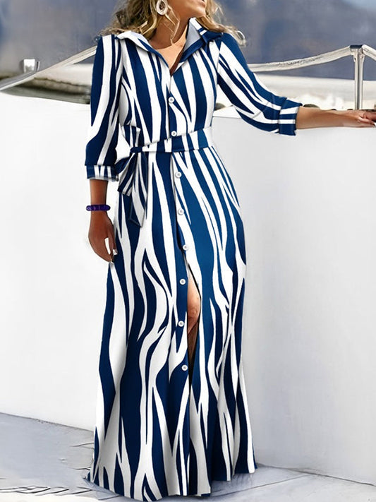 High Waisted Long Sleeves Buttoned Tied Waist Zebra Printed V-Neck Maxi Dresses Shirt Dress by migunica-0