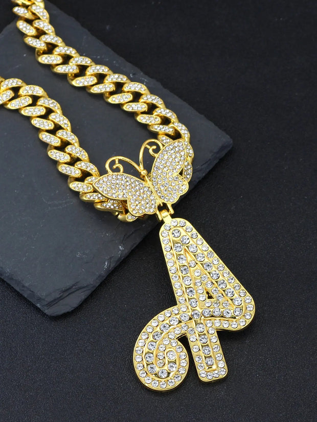 26-letter name pendant hip-hop personality Cuban chain butterfly head necklace - Memoriex 