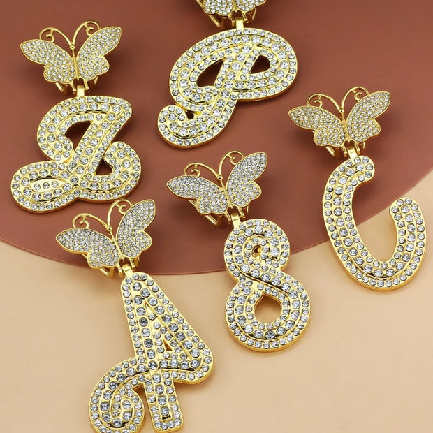 26-letter name pendant hip-hop personality Cuban chain butterfly head necklace - Memoriex 