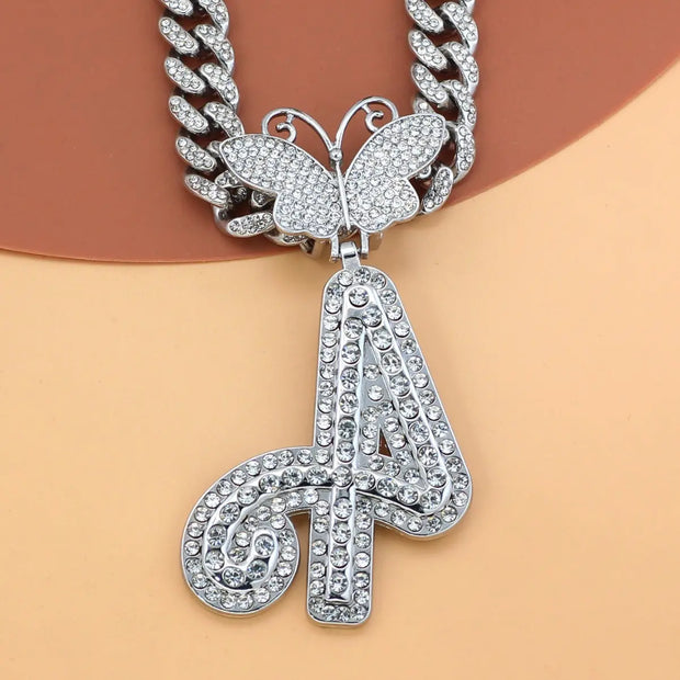 26-letter name pendant hip-hop personality Cuban chain butterfly head necklace - Memoriex 