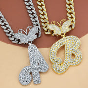 26-letter name pendant hip-hop personality Cuban chain butterfly head necklace - Memoriex 