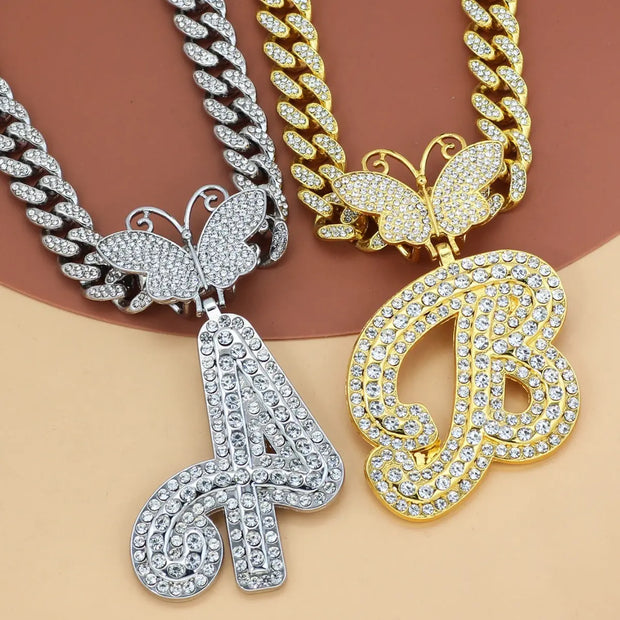 26-letter name pendant hip-hop personality Cuban chain butterfly head necklace - Memoriex 