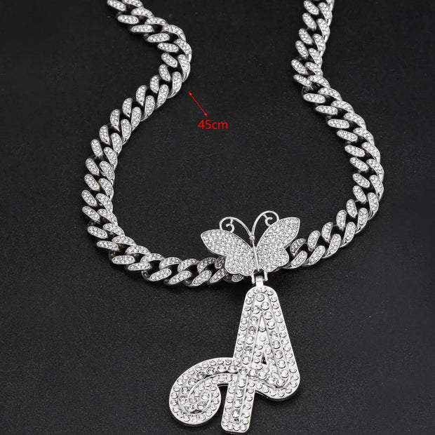26-letter name pendant hip-hop personality Cuban chain butterfly head necklace - Memoriex 