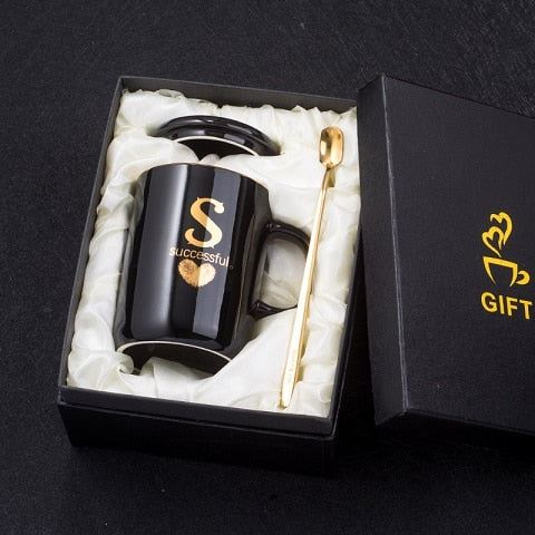 400ml Creative Gold Finger Printing Black Ceramic Coffee Mug Tea Cup With Gold Handle As Gift With Lid And Spoon - Memoriex