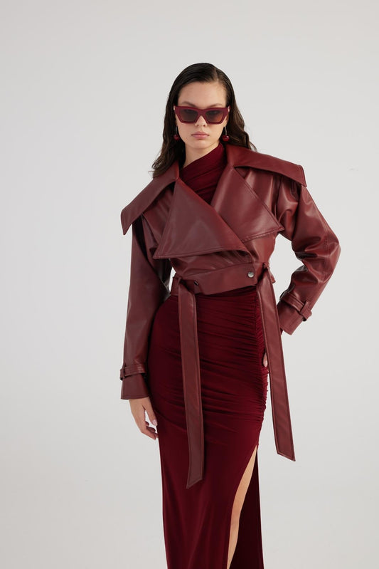 Neeko Burgundy Faux Leather Cropped Jacket-0