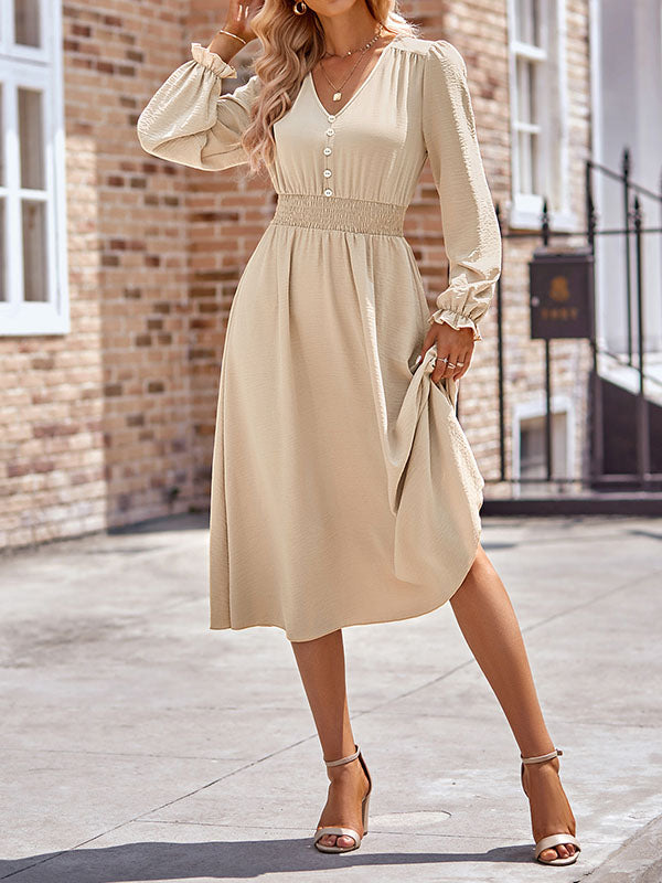 A-Line Long Sleeves Buttoned Elasticity V-Neck Midi Dresses by migunica-1