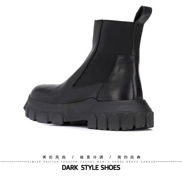 Dark Green Plush Booster Boots Woman Black Leather Round Punk Casual Sporty Ankle Calf Booties Feather Long Hair Platform Shoes - Memoriex