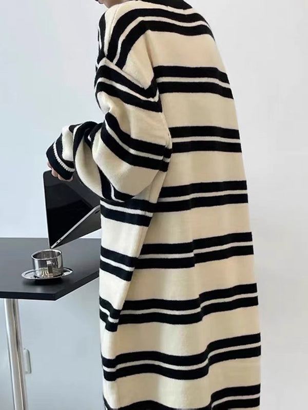 Urban Loose Long Sleeves Striped Round-Neck Midi Dresses by migunica-2