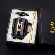 400ml Creative Gold Finger Printing Black Ceramic Coffee Mug Tea Cup With Gold Handle As Gift With Lid And Spoon - Memoriex