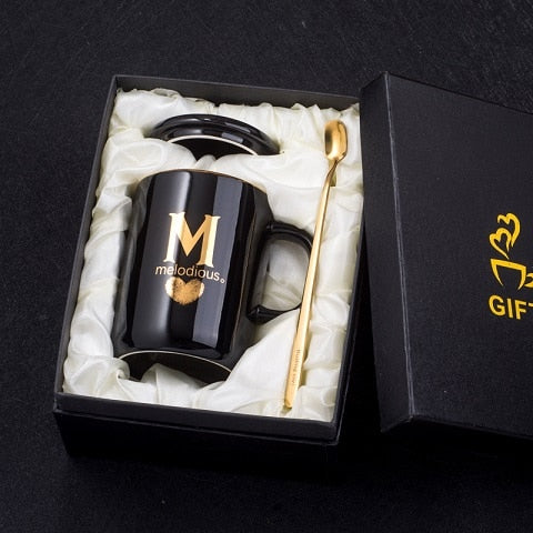 400ml Creative Gold Finger Printing Black Ceramic Coffee Mug Tea Cup With Gold Handle As Gift With Lid And Spoon - Memoriex