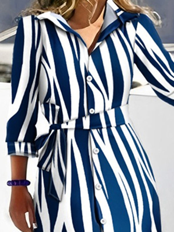 High Waisted Long Sleeves Buttoned Tied Waist Zebra Printed V-Neck Maxi Dresses Shirt Dress by migunica-1