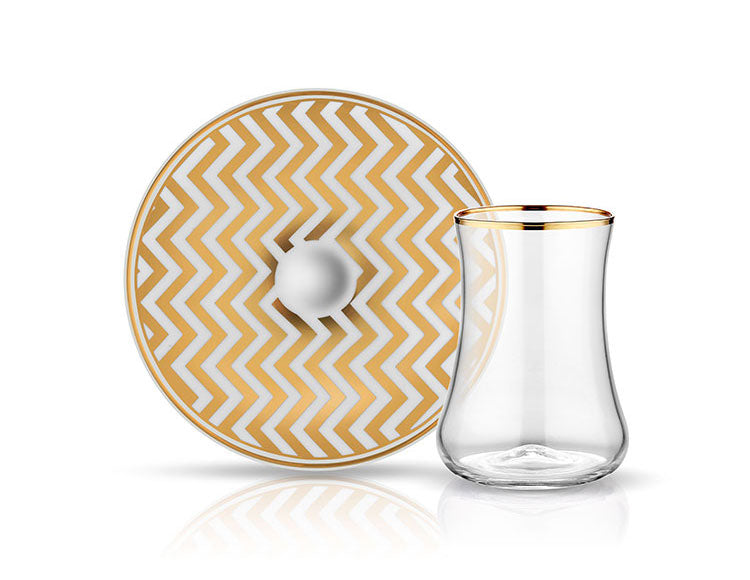 Dervish Zigzag Tea Glass and Saucer - Mat Gold-0