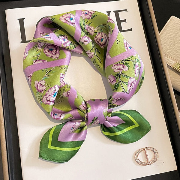 Floral Print Square Scarf — Satin-Feel Neckerchief for Hair, Neck &...