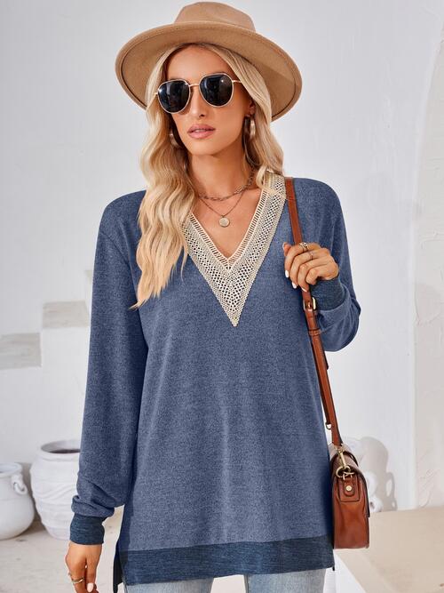 Crochet Contrast V-Neck Long Sleeve Slit T-Shirt by VYSN-2