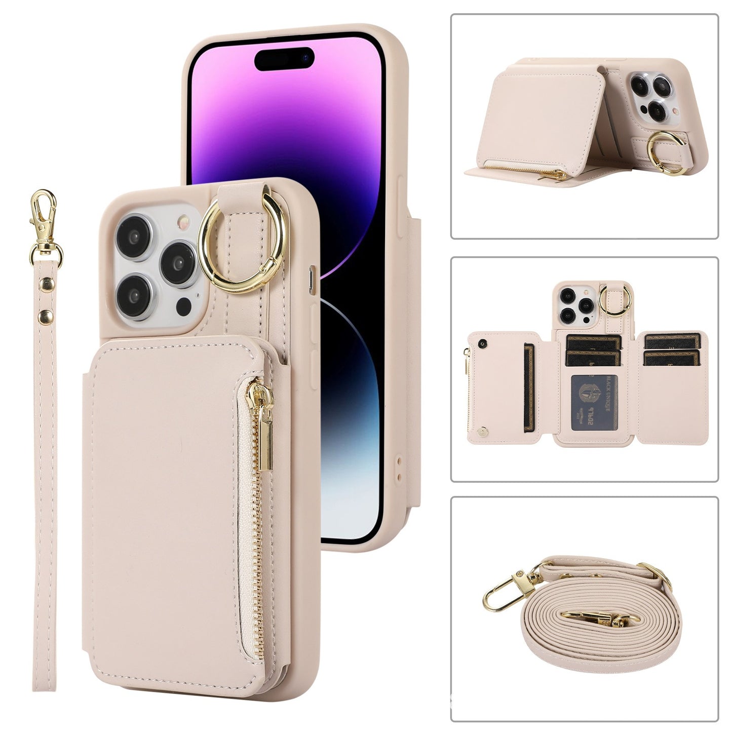 Apple 15 leather phone case iPhone 15 Promax phone protective case hanging rope multi card phone leather case