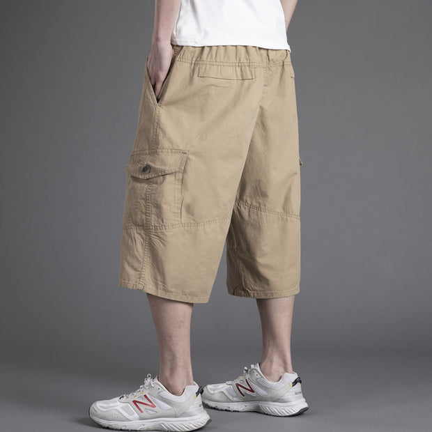 Men's loose casual shorts with cropped pants solid color middle-aged and elderly work pants - Memoriex
