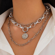 Hip hop style alloy Cuban necklace 3-piece set, round spring buckle collarbone chain set - Memoriex