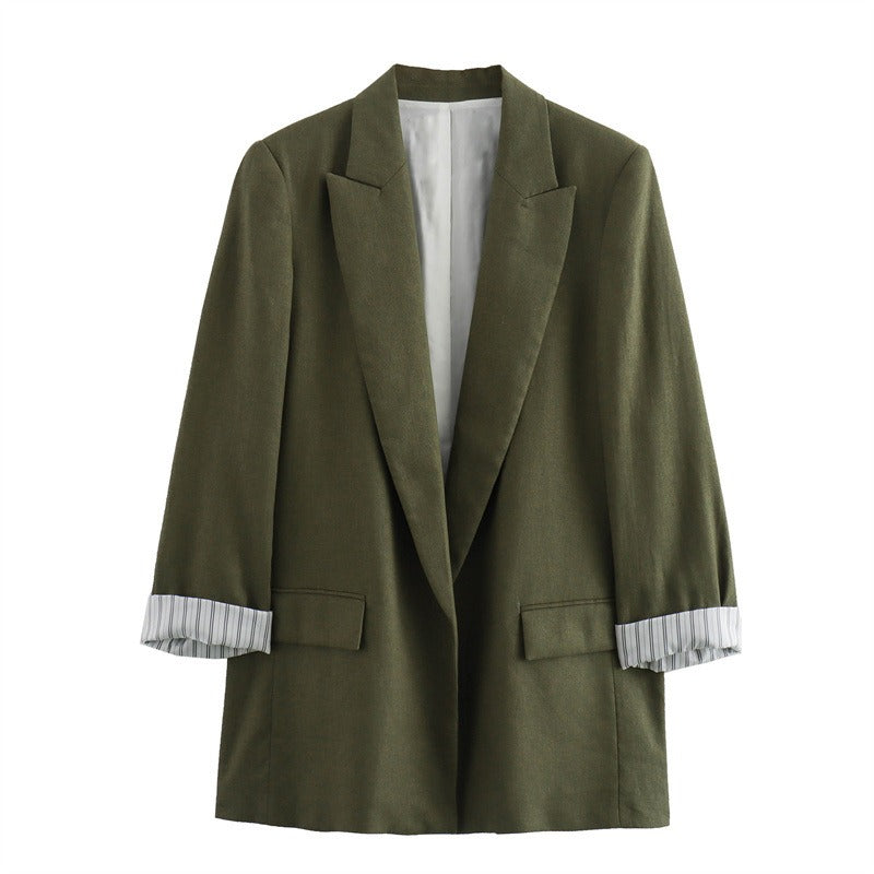 Fashionable and minimalist linen blended rolled sleeve suit jacket