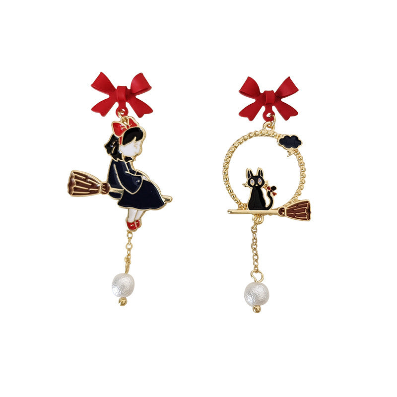 Bow cartoon character cat earrings, personalized and creative street photography drip oil earrings