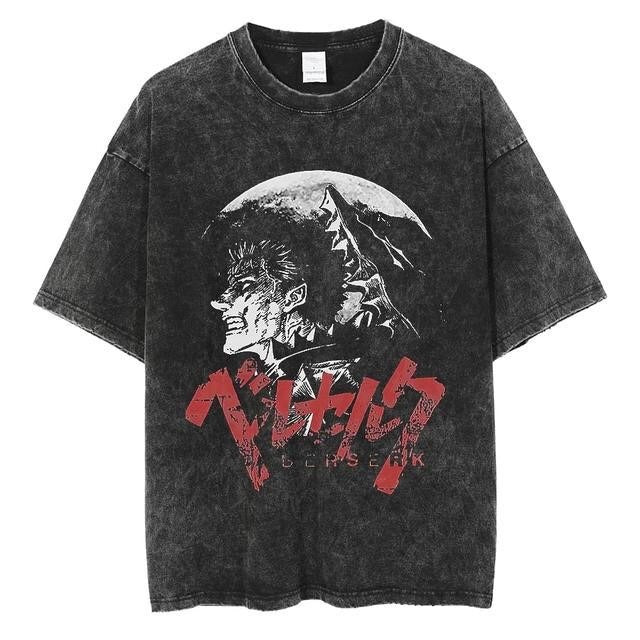 Anime print street retro t-shirt street trendy round neck short sleeved t-shirt for men