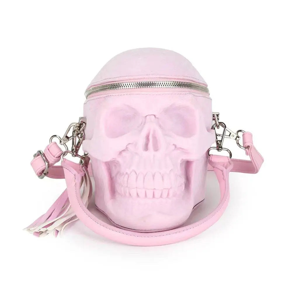 3D Bags Skull Cross Body Shoulder Bag Mini Handle Handbags Pink Suede-0