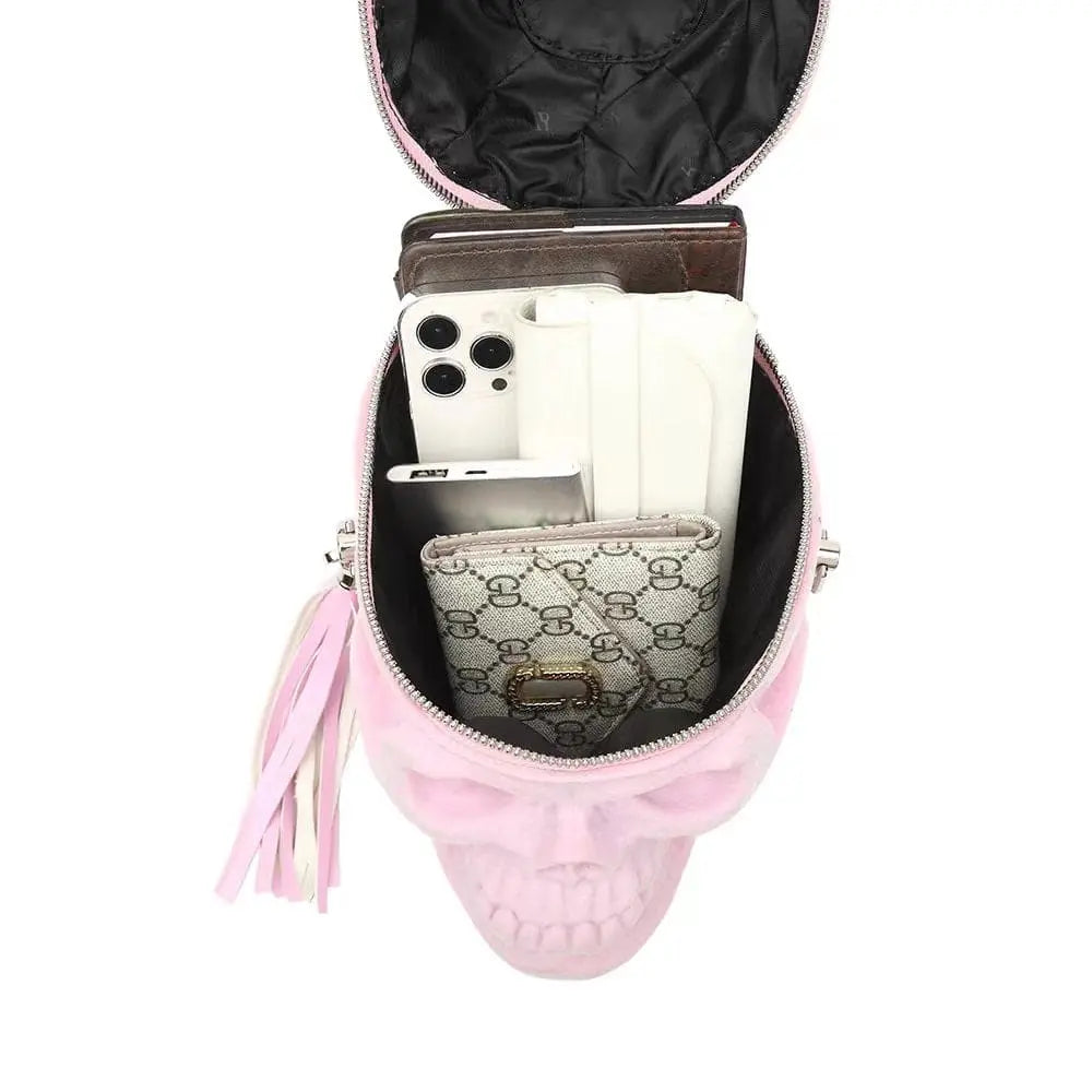 3D Bags Skull Cross Body Shoulder Bag Mini Handle Handbags Pink Suede-3