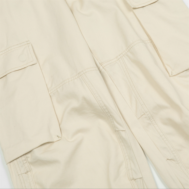 High street solid color multi pocket cargo pants men ins street punk loose open line straight wide leg cropped pants - Memoriex