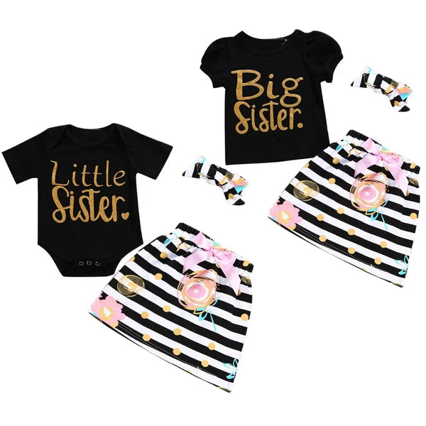 3Pcs T-shirt Romper Skirt Headband Big Little Sister Twins Clothes Baby Girl Clothes Outfits Set - Memoriex 