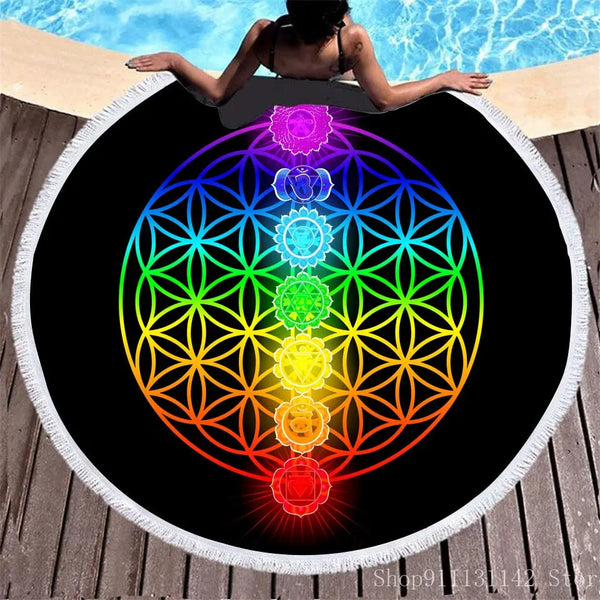 3d Bohemian Tai Chi Animal Digital Print Round Ribbon Beach Towel Swimming Yoga Picnic Mat Bikini Covered Napkin - Memoriex 