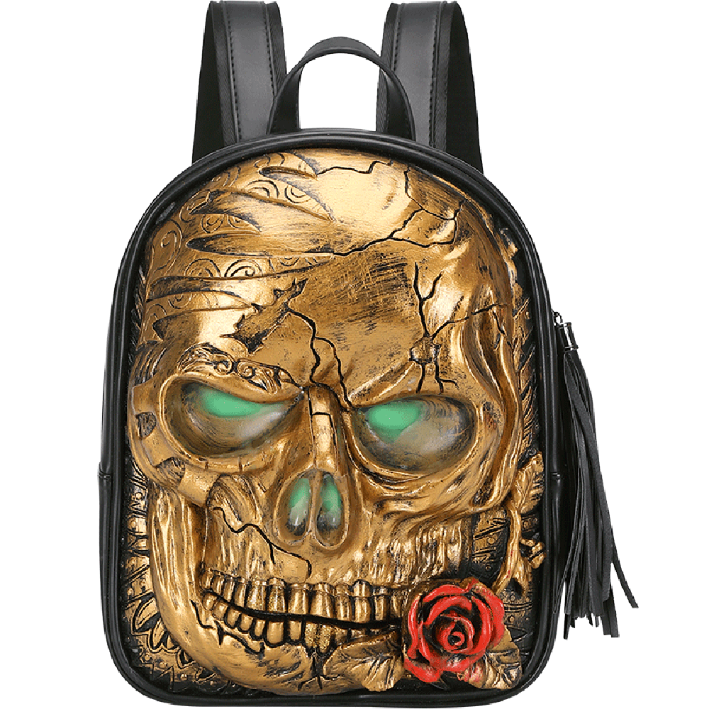 3D Skull With Rose Backpack ,3D Skull With Glowing Green Eyes-0