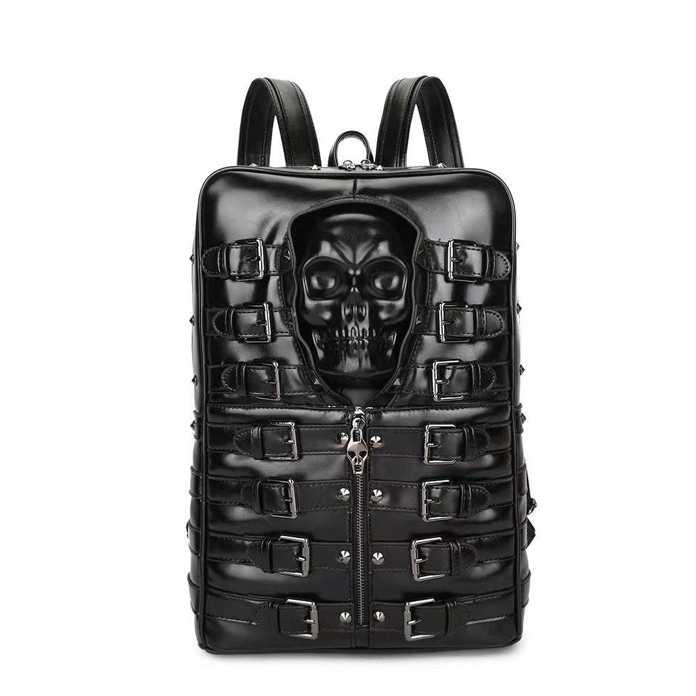 3D Skull Backpack Rivet Buckle PU Leather Travel punk Backpack Laptop Bag-0