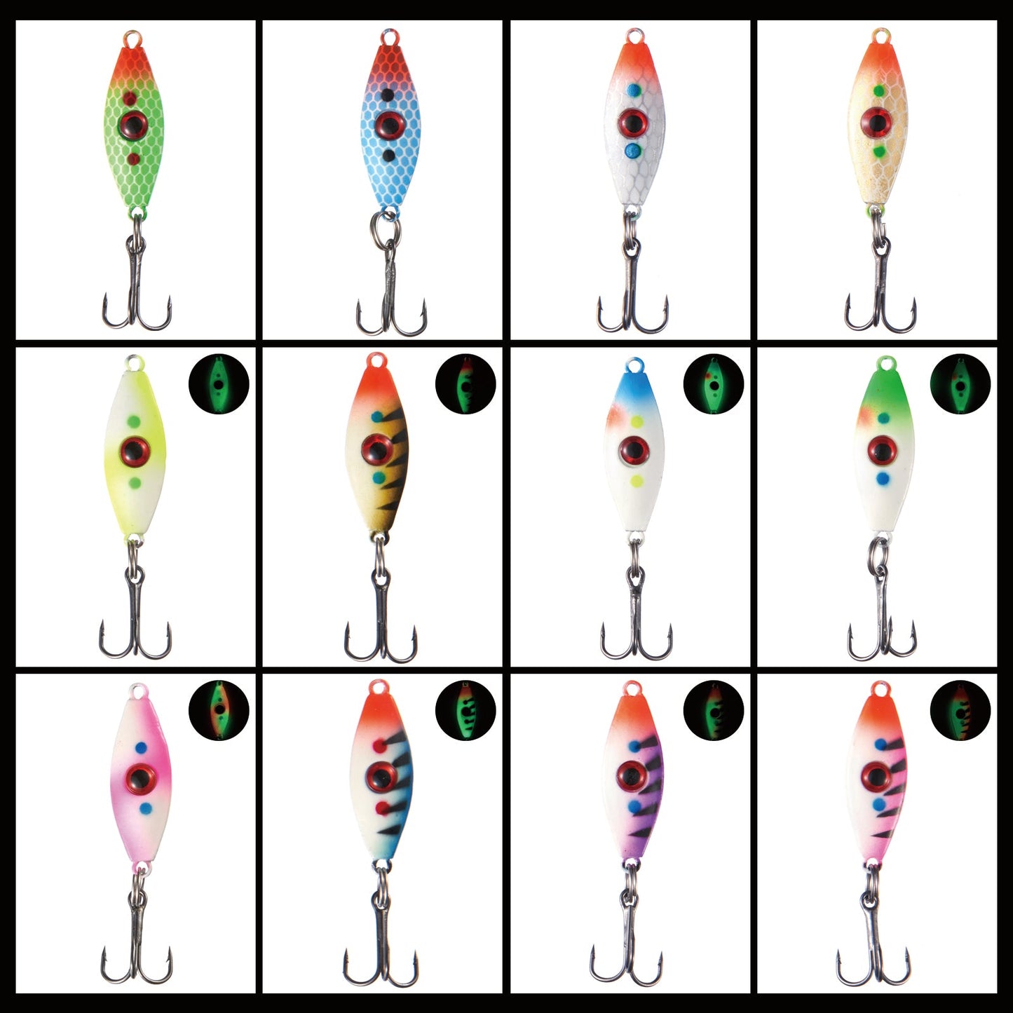 Ice Fishing Lure Kit Glowing Paint Jigs, 12pcs assorted perch/walleye/pike jigs-2