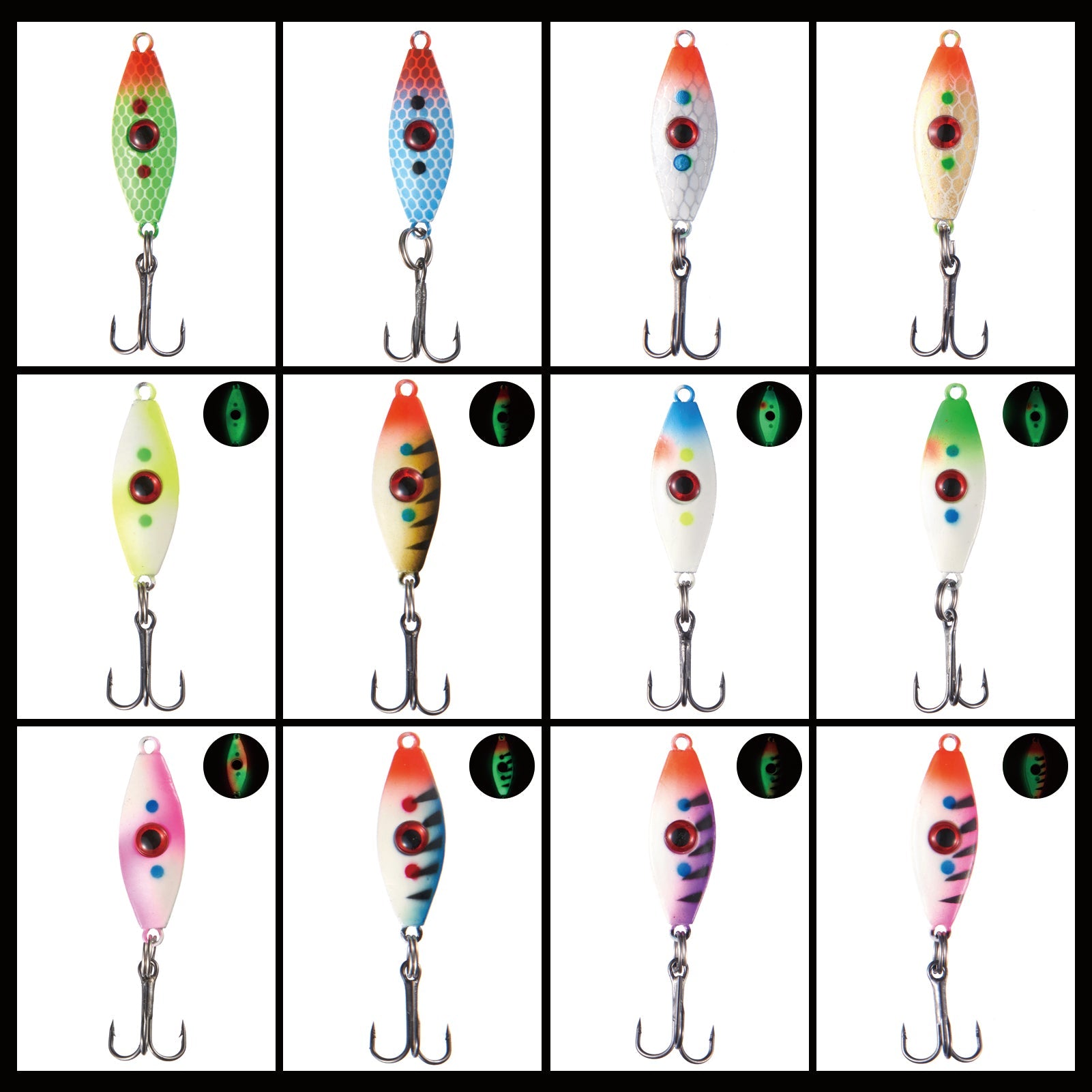 Ice Fishing Lure Kit Glowing Paint Jigs, 12pcs assorted perch/walleye/pike jigs-2