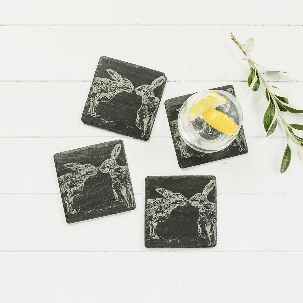 4 Kissing Hares Slate Coasters-1