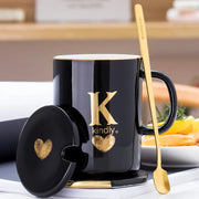 400ml Creative Gold Finger Printing Black Ceramic Coffee Mug Tea Cup With Gold Handle As Gift With Lid And Spoon - Memoriex 