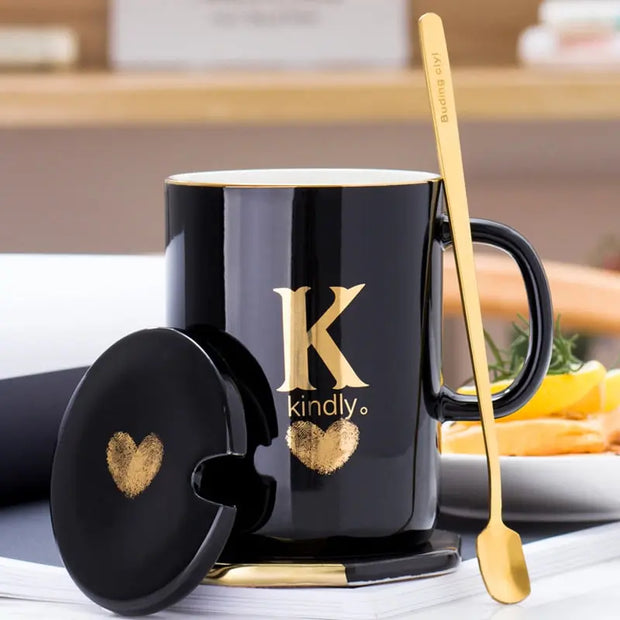 400ml Creative Gold Finger Printing Black Ceramic Coffee Mug Tea Cup With Gold Handle As Gift With Lid And Spoon - Memoriex 
