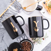 400ml Creative Gold Finger Printing Black Ceramic Coffee Mug Tea Cup With Gold Handle As Gift With Lid And Spoon - Memoriex 