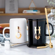 400ml Creative Gold Finger Printing Black Ceramic Coffee Mug Tea Cup With Gold Handle As Gift With Lid And Spoon - Memoriex 