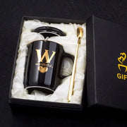 400ml Creative Gold Finger Printing Black Ceramic Coffee Mug Tea Cup With Gold Handle As Gift With Lid And Spoon - Memoriex 