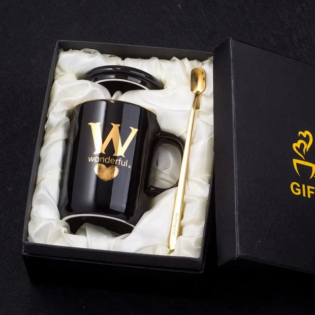 400ml Creative Gold Finger Printing Black Ceramic Coffee Mug Tea Cup With Gold Handle As Gift With Lid And Spoon - Memoriex 