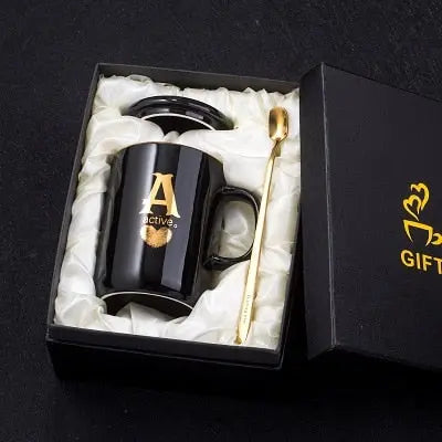 400ml Creative Gold Finger Printing Black Ceramic Coffee Mug Tea Cup With Gold Handle As Gift With Lid And Spoon - Memoriex 