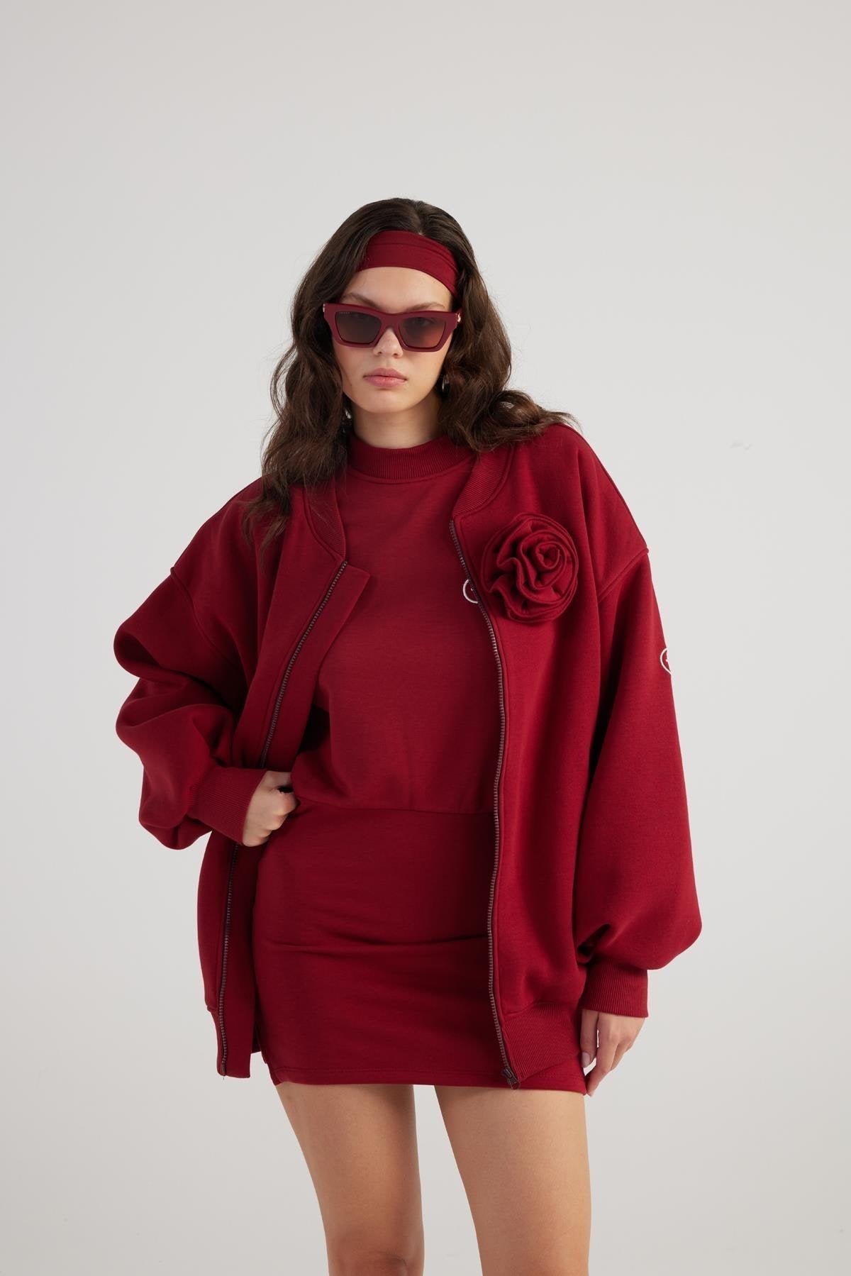 Alexa Burgundy Oversize Bomber Jacket with Removable Rose Accessory - Memoriex 