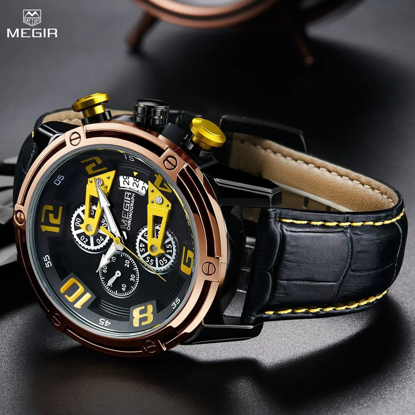 MEGIR Fashion Mens Watches Luxury Sports Watches Leather Strap Army Military Quartz Wristwatch Chronograph Male Clock 2078-0