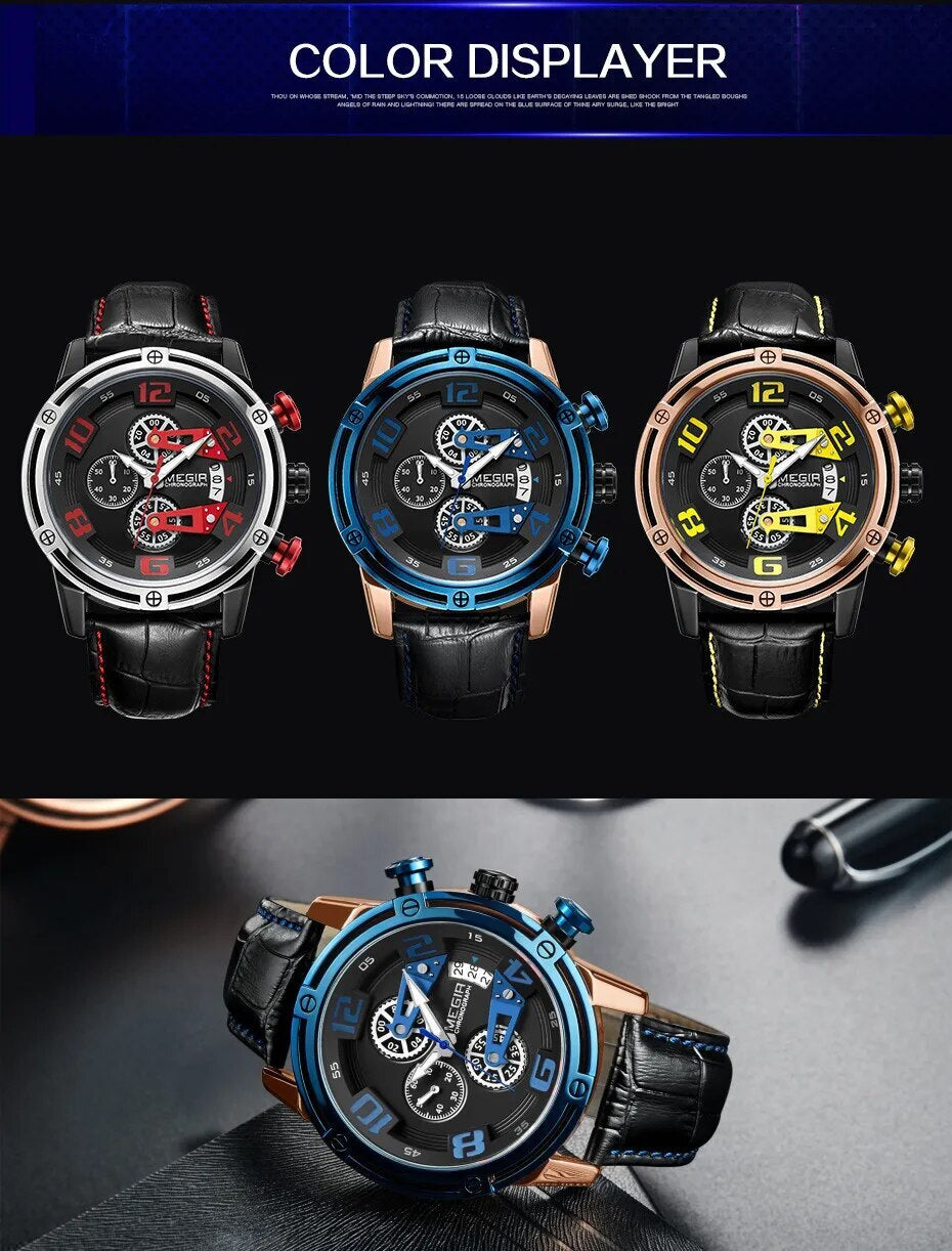 MEGIR Fashion Mens Watches Luxury Sports Watches Leather Strap Army Military Quartz Wristwatch Chronograph Male Clock 2078-4