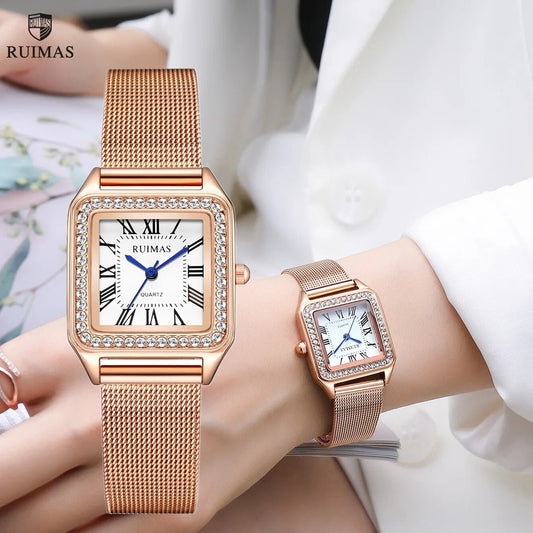 RUIMAS Fashion Stainless Steel Mesh Women Bracelet Watches Luxury Square Ladies Quartz Casual Wristwatches Female Dress Clock-0