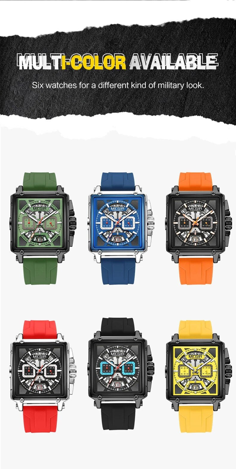 MEGIR Top Brand Men Watches Fashion Sport Military Chronograph Luminous Square Silicone Band Quartz Wristwatch Relogio Masculino-5