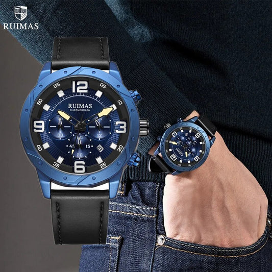 RUIMAS Relogio Masculino Fashion Men Quartz Watch Leather Sport Military Wristwatch Waterproof Clock with Auto Date-0